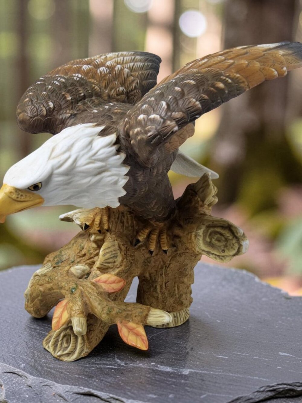 Vintage Ceramic American Bald Eagle Perched In Hunting Mode Figurine.
